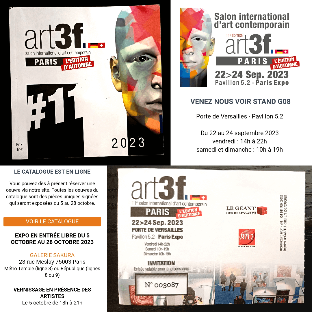 Collage des catalogues, invitation et screenshots du salon international d'Art Contemporain Art3F à Paris édition automne du 22 au 24 septembre 2023