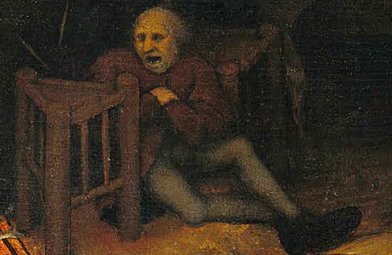 Homme assis entre deux chaises faisant une grimace et se tenant la main. Tableau de Pieter Bruegel l'Ancien 1559